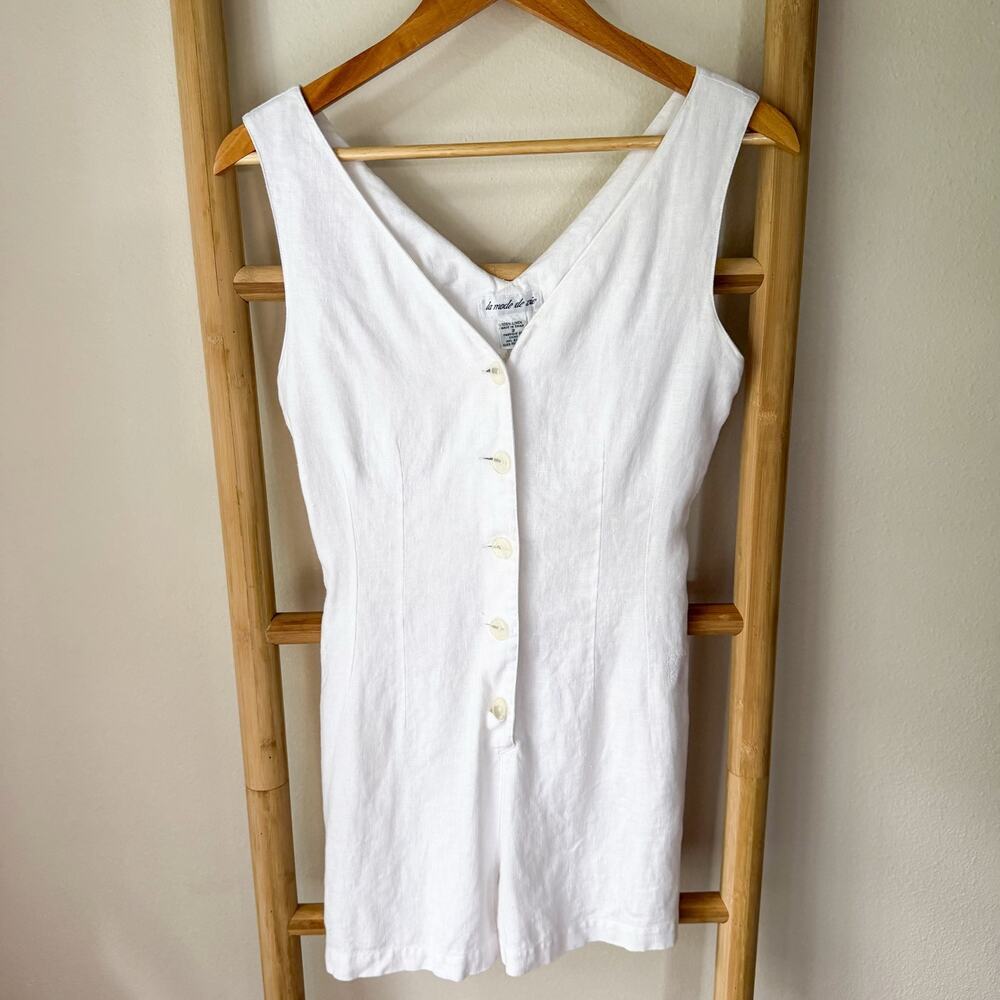 La Mode De Vie White Linen Blend Button Front Romper Women’s Size 3 Small - Picture 2 of 9